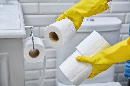 Close-up of tubes of toilet paper in hands, toilet room interiorの写真素材