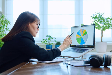 Mature serious business woman working at computer, workplace boss entrepreneurの写真素材