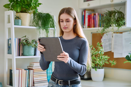 Young teenage female using digital tablet, home interior