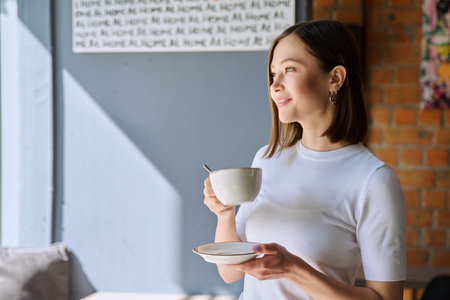 Young beautiful woman holding cup of coffee, looking out window, gray wall copy spaceの写真素材