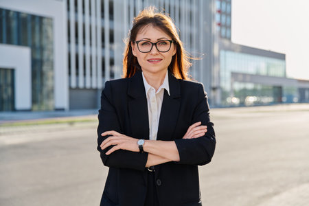 Portrait of middle-aged business confident woman in suit, posing outdoorsの写真素材