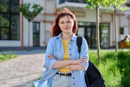 Portrait of young female college student outdoorの写真素材