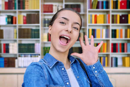 Selfie portrait of happy cheerful high school student girl, inside libraryの写真素材