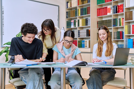 Group of teenage students with female teacher study inside classroom library