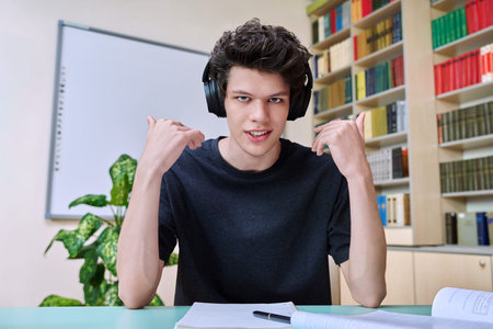 Web cam portrait of college student guy in headphones looking talking to camera