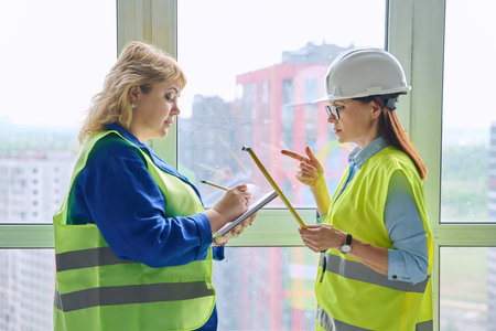 Two female industrial workers taking measurements of windows for decoration