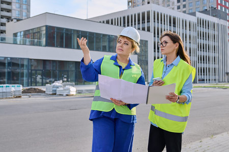 Two confident women talking working on construction of residential office building