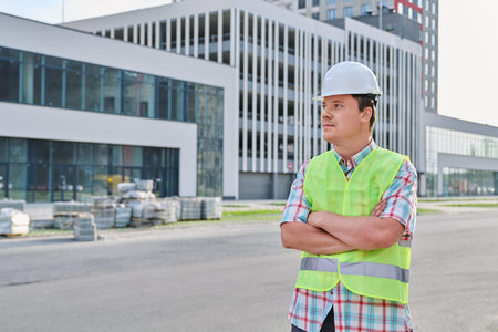 Young confident male engineer, builder, industrial worker at construction site