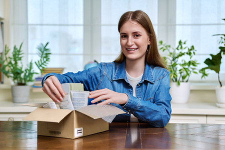 Young female customer sitting at home unpacking cardboard box with online purchasesの写真素材