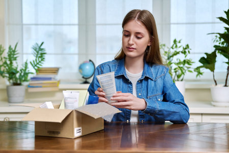 Young female customer sitting at home unpacking cardboard box with online purchases