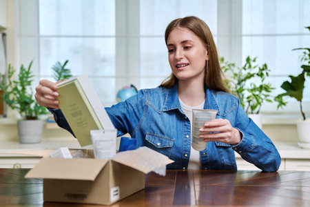 Young female customer sitting at home unpacking cardboard box with online purchases