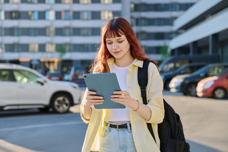 Young female college student using digital tablet outdoorの写真素材