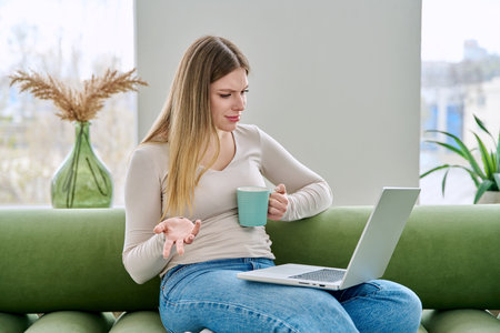 Young woman using laptop for video chat sitting on sofa at homeの写真素材