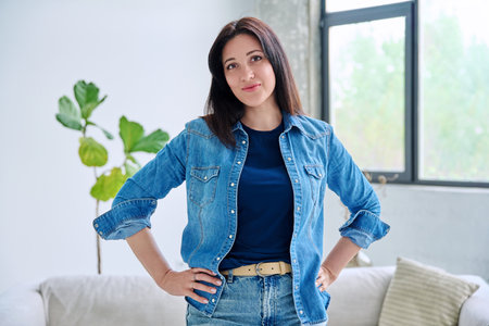 Portrait of beautiful young smiling woman in home interiorの写真素材