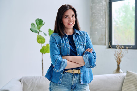 Portrait of beautiful young confident woman in home interiorの写真素材