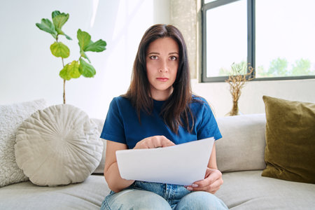Webcam view young serious woman with business papers having videoの写真素材