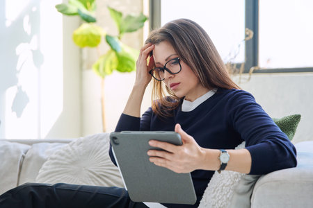 Serious middle aged woman looking at digital tablet sitting on sofa at home