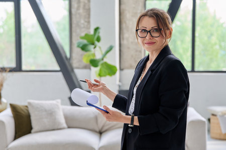 Portrait of woman mentor teacher counselor with clipboard in office looking at cameraの写真素材