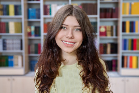Headshot portrait of teenage beautiful girl high school student posing in library classroomの写真素材