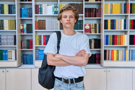 Portrait of handsome confident serious teenage boy looking at camera in library