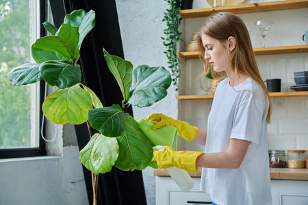 Young woman cleaning kitchen, with rag spraying water washing surface of plant leaves
