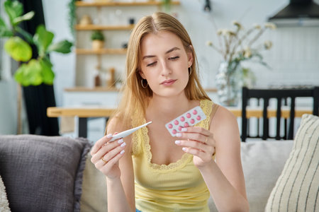 Sad upset teenage girl looking at thermometer holding blister pack of pills sitting at homeの写真素材