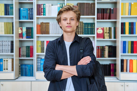 Portrait of serious teenage student with crossed arms in classroom libraryの写真素材