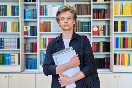 Portrait of serious teenage student with backpack textbooks in libraryの写真素材