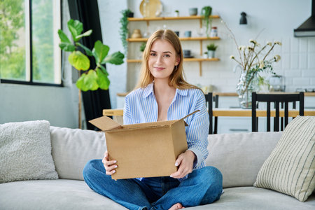 Happy young woman online shopper with cardboard box sitting on sofa at home