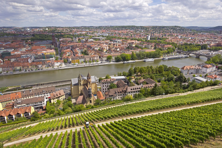 Aerial view of the historic city of Wuerzburg, region of Franconia, Northern Bavaria, Germany. The town is located on the Main River. The centre of Wuerzburg is surrounded by hills. In foreground are seen the old vineyards. In background are seen churchesのeditorial素材