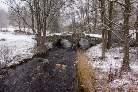 Beautiful winter landscape with a little old bridge, snowy weather in Sweden.