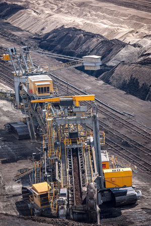 View into an active open pit lignite mine near Cottbus, Brandenburg. The lignite is mined with the...