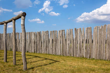 On the Elbe cycle path near Pommelte, Saxony-Anhalt. The path leads past an old sanctuary from the Bronze Age. It is a circular woodhenge.の写真素材