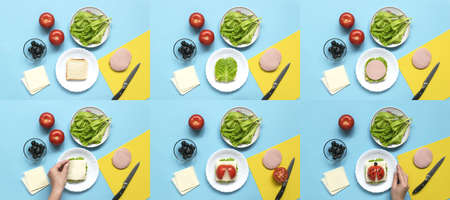 Funny sandwich for children in form of ladybug made of fresh tomato, salad, cheese, sausage, bacon and bread on blue background. Instruction how to make creative food art breakfast for kids. Top view.の写真素材