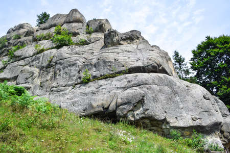 national park at sunrise with rocks background. Excursion in Tustan, Western Ukraine.のeditorial素材