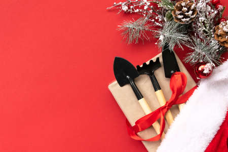 Christmas and new year composition with garden tools, shovel and rake and Santa Claus hat on a red background. The concept of gardening and farming for cards, calendars, covers. Top view, flat layの写真素材