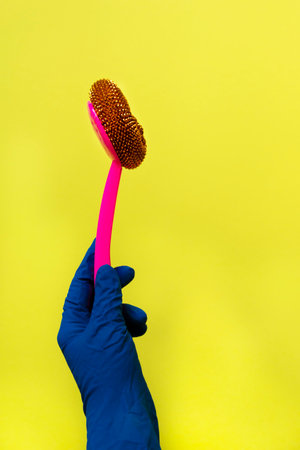 Female hand holding house cleaning scrubbing brush tool on yellow background.の写真素材