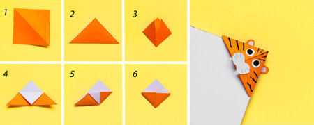 Step by step photo instruction how to make origami paper tiger. Simple diy with kids children's...