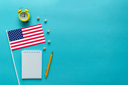 Time to learn foreign language. Flat composition for American English courses with space for text