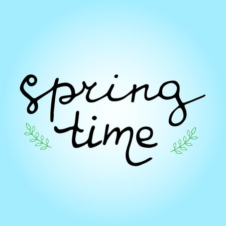 Vector illustration of spring time lettering on blue background with decortive elementsのイラスト素材