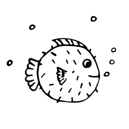 Vector illustration of sea life. Set with doodle funny sea fish animals. Coloring page for kidsのイラスト素材