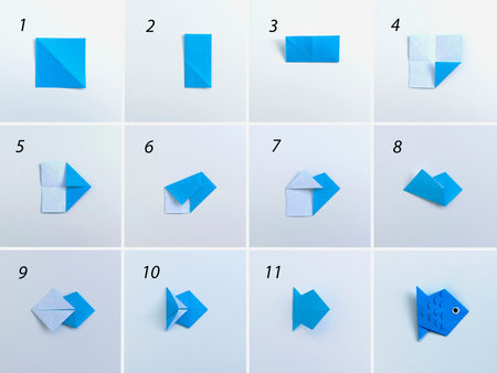 Step by step photo instruction how to make origami fish. Simple diy with kids childrens concept....