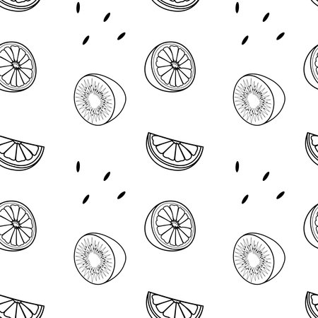 pattern of a illustration of a kiwi and orange fruit. Lines art tropical kiwi fruitの写真素材