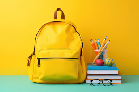 Backpack with various colorful stationery on yellow monochrome background. Banner with copy space. AI generatedの素材