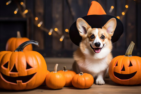 a funny corgi dog puppy in a black Halloween witch hat sitting with a pumpkin. AI generatedの素材
