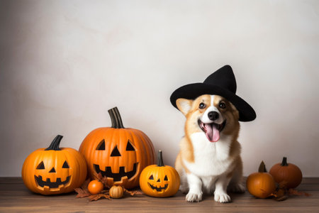 a funny corgi dog puppy in a black Halloween witch hat sitting with a pumpkin. AI generatedの素材