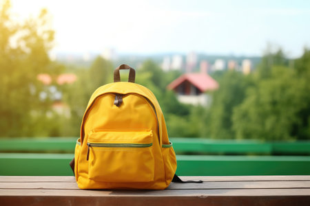 Backpack with various colorful stationery on the table on blurred nature town background. Banner with copy spaceの素材