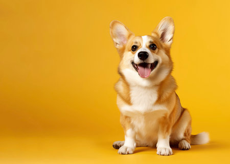 banner with a funny corgi dog puppy sitting on a yellow background looking at camera with space for textの素材
