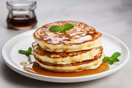 classic american pancakes with maple syrup for breakfast on a light background.の素材