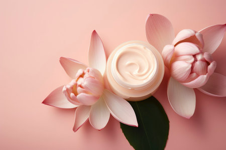 Pink cream bottle with beauty products lotus flower and leaves on pink background. natural organic skincare. Cosmetology mockup, top viewの素材